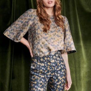 NWT Sezane Gabrielle Blouse in Metallic Jacquard Floral Pattern